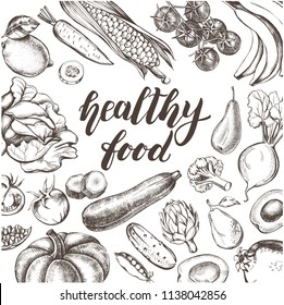 Background With Ink Hand Drawn Various Vegetables And Fruits. Healthy Vegetarian  Food Elements Composition With Brush Calligraphy Style Lettering. Vector Illustration.