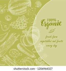 Background with Ink hand drawn various vegetables and fruits. Healthy vegetarian  food elements composition with brush calligraphy style lettering. Vector illustration.