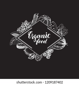 Background with Ink hand drawn various vegetables and fruits. Healthy vegetarian  food elements composition with brush calligraphy style lettering. Vector illustration.