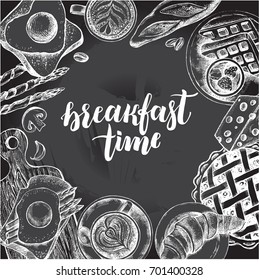 Background with ink hand-drawn food and drinks - pie, coffee, toast, waffles, cheese, croissant, baguette. Breakfast elements composition with brush calligraphy style lettering. Vector illustration.