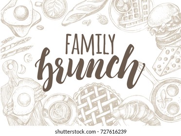 Background with ink hand-drawn food and drinks. Breakfast and brunch elements composition with brush calligraphy style lettering. Vector illustration. Menu, signboard, leaflet design template.