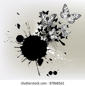 Background with ink spots and flying butterflies.