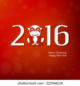 Background with the inscription - 2016 - Happy New Year - a stylized symbol of a monkey, the Chinese zodiac, in red and white. 