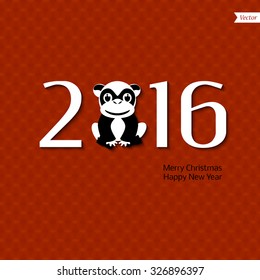 Background with the inscription - 2016 - Happy New Year - a stylized symbol of a monkey, the Chinese zodiac, in red and black. Background grid with a dark red color.