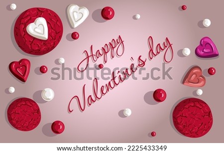 Background with an inscription of cold pink color in a gradient with beads and cookies of red color. Vector for printing as a banner, postcard, flyer for discounts in stores. Certificate for Valentine