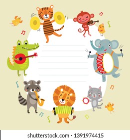 Background for an inscription with cute animals with musical instruments. Funny orchestra