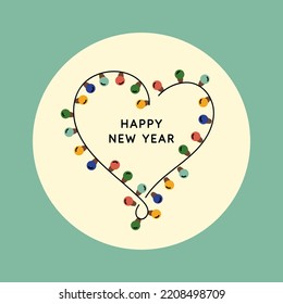 Background with the inscription Happy New Year. Vector illustration in a flat simple style with garlands. Modern greeting poster.
