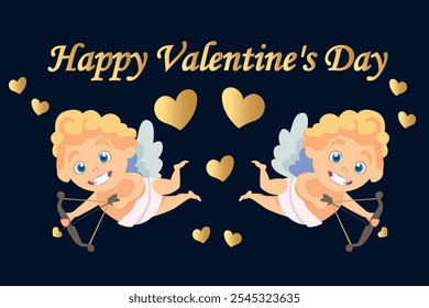 Background with the inscription Happy Valentine's Day. With Cupids and a gold signature.