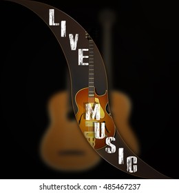 Background with inscription live music jazz guitar acoustic guitar break. The image is made on a black background with no borders, can be used with any image or text.