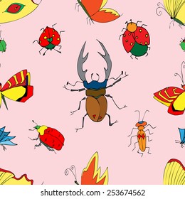 Background of the insects: butterflies, beetles, larvae, seamless pattern. illustration, drawn doodle