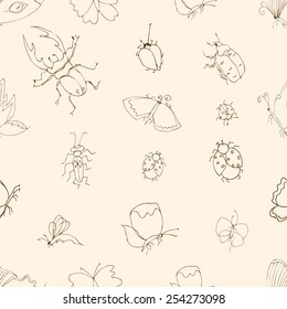 Background of the insects: butterflies, beetles, larvae, seamless pattern. illustration, drawn doodle