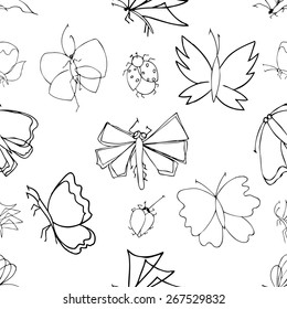 Background of the insects: butterflies, beetles, larvae, seamless pattern. illustration, drawn doodle