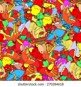 Background of the insects: butterflies, beetles, larvae, seamless pattern. illustration, drawn doodle