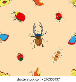 Background of the insects: butterflies, beetles, larvae, seamless pattern. illustration, drawn doodle