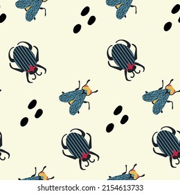 Background with insects. Illustration with flies, beetles for an abstract pattern. Species of flying insects in the rainforest. A substrate with Scribbles and an image of soaring, colored, winged in