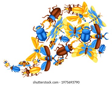 Background with insects. Stylized butterflies, beetles and dragonflies.
