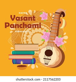  Background with instrument Veena for Happy Vasant Panchami Celebration