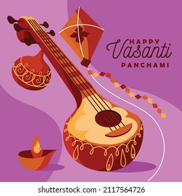  Background with instrument Veena for Happy Vasant Panchami Celebration