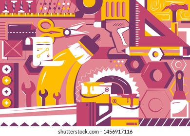 Background of instruments with wrench, paint brush and drawing tools. Concept industrial equipment for repair and renovation. Vector illustration.