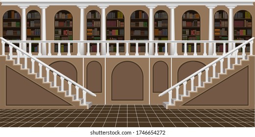 Background. The interior is in the form of a library with columns and large steps. The interior of the living room.