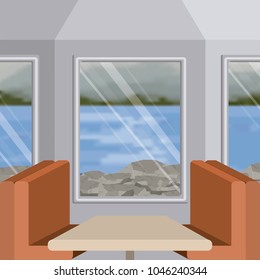 background interior train with a passenger compartment and blur lake scenary outside