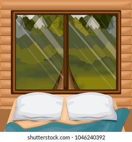 background interior wooden cabin with bed and forest scenary behind window