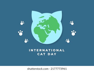 Background for the international cat day on August 8. With Funny cat footprint and earth.. Happy animals Print to greeting card, poster on blue color..