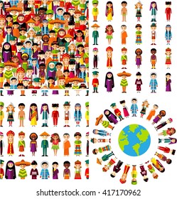 Background of international people in traditional costumes .
Set background with set of multicultural national children.
