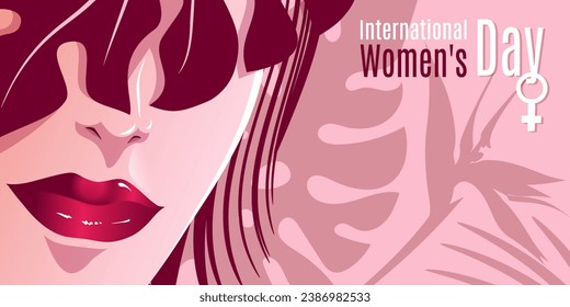 Background for International Women's Day with tropical flowers and leaves. Postcard in pink tones. Vector illustration