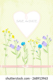 background invitation, banner in the shape of heart, ribbon, wildflowers, butterfly. vector illustration