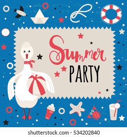 Background for invitation or greetings on a summer holiday theme. Happy Goose, drinks, ice cream, seagull, starfish, and other marine elements.