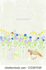 background invitation rabbit with egg, bird and flowers. vector illustration