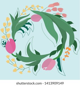 Background for invitations or announcements cards filled with wreath of tulips. Spring flowers colored in pink, yellow and green.
