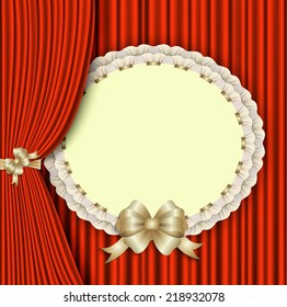 background for invitations with elegant lace, gold bow and red theater curtain