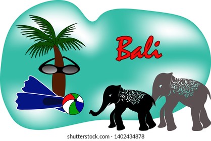  Background for invitations to travel to warmer countries ,Bali. Palm, flippers, ball and two elephants , as well as the inscription:  Bali. Vector,