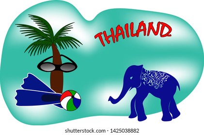 Background for invitations to travel to warmer countries. Palm, flippers, ball and cocktails, as well as the inscription:  Thailand.