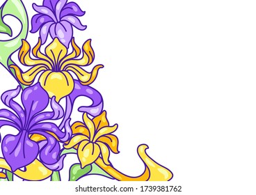 Background with iris flowers. Art Nouveau vintage style. Natural decorative plants.