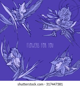 Background with irises flowers. Hand drawn doodles floral elements for cards and decoration. Vector  Illustration