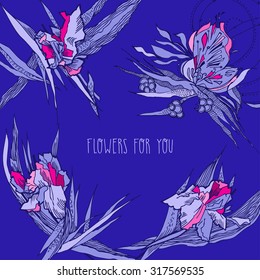 Background with irises flowers. Hand drawn doodles floral elements for cards and decoration. Vector  Illustration