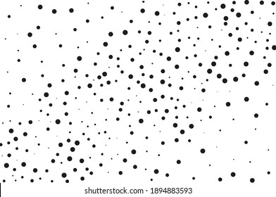 Background with irregular, chaotic dots, points, circle. Random halftone. Pointillism style. Black and white colour. Vector illustration  