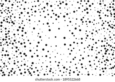 Background with irregular, chaotic dots, points, circle. Random halftone. Pointillism style. Black and white colour. Vector illustration 