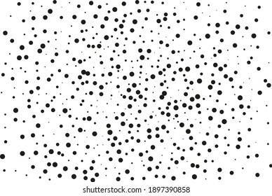 Background with irregular, chaotic dots, points, circle. Random halftone. Pointillism style. Black and white colour. Vector illustration 