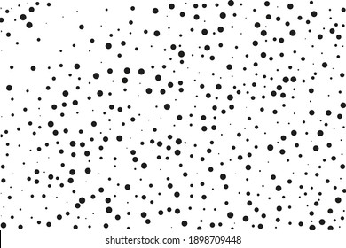 Background with irregular, chaotic dots, points, circle. Random halftone. Pointillism style. Black and white colour. Vector illustration 