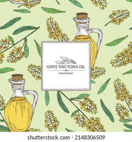 Background with  isatis tinctoria: branch, isatis tinctoria flowers, leaves and bottle of isatis oil. Vector hand drawn illustration