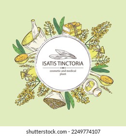 Antecedentes con isatis tinctoria: rama, isatis tinctoria flores, hojas y sal de baño, jabón y productos de belleza. Cosmética, perfumería y planta médica. Ilustración dibujada a mano por el vector