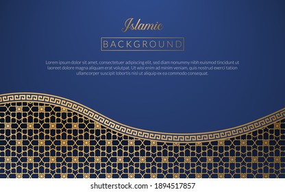 Background islamic arabic culture golden art deco template , frame decoration islam background ornament template gold , business blue background gradient