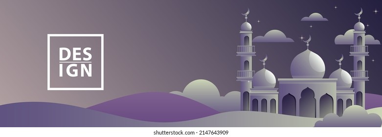 Background islamic banner of eid mubarak with mosque in night scene.