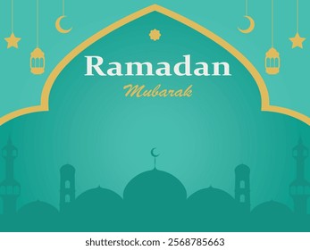 Background for Islamic Celebration such as Ramadan, Eid Al Fitr, Eid Al Adh, Isra Miraj and muslim education. Elegant design with turqouise and gold color. mosque, frame and pattern. greeting card