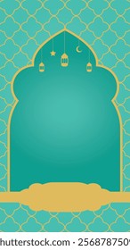 Background for Islamic Celebration such as Ramadan, Eid Al Fitr, Eid Al Adh, Isra Miraj and muslim education. Elegant design with turqouise and gold color. mosque element, frame, pattern, portrait