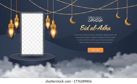 Background Islamic, ed al-Ad ha, for social media banner Islamic, with mockup stand phone